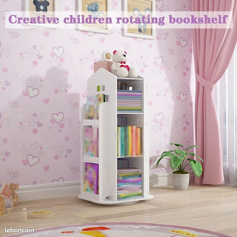 Bibliothèque Enfant Rotative 360° avec Roulettes – Rangement Livres & Jouets – Forme Maison - Blanc - PUE117-40 (image 4)