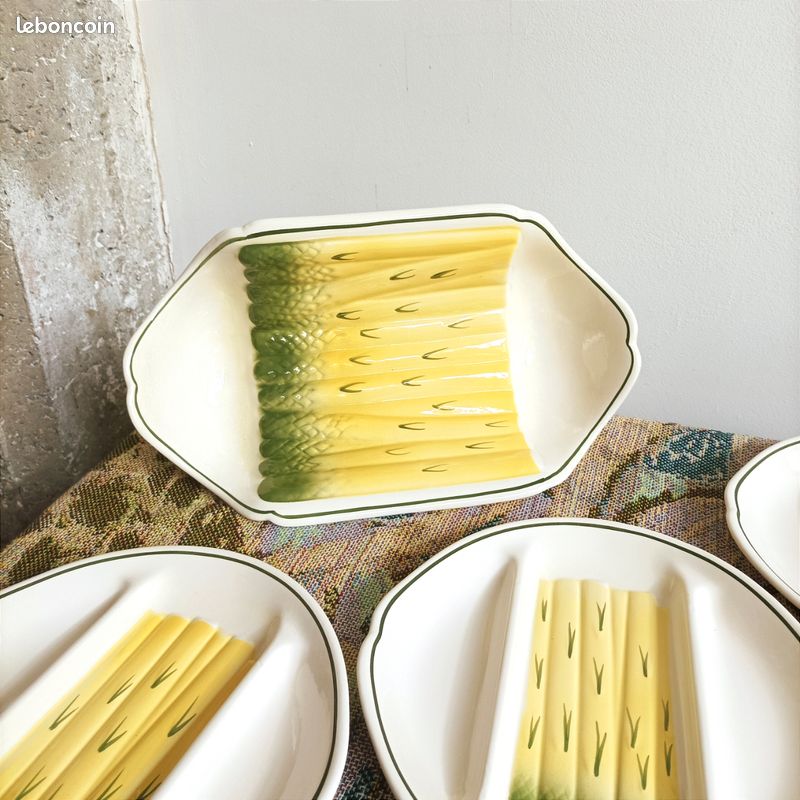 Service à Asperges Salins Vintage - 12 Assiettes + Plat Barbotine - État Excellent