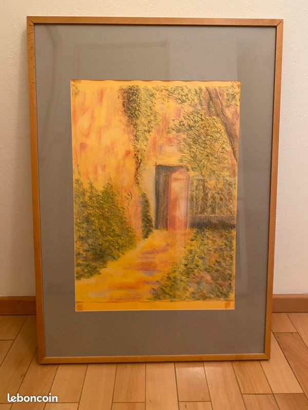 Cadre en hetre avec passe partout et dessin d'une entree de maison et jardin (image 1)
