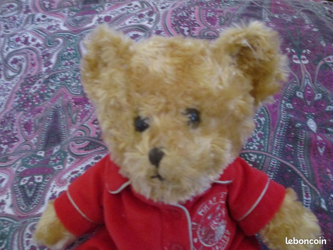 Peluche ours PERFECTEL pyjama rouge yeux dormeur bonnet vintage 3