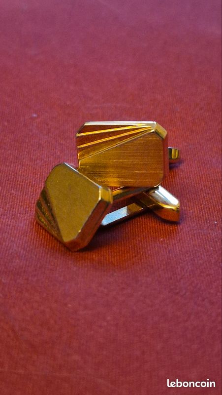 Boutons De Manchettes Anciens En Laiton - Motif Bleu, Occasion Très Bon état