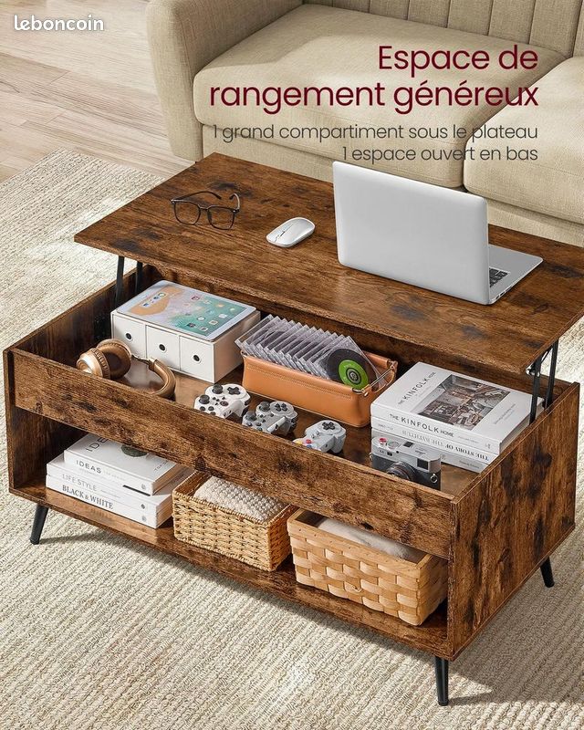 Table basse réglable - 100 x 50 x 33 cm - avec Leds + rangement caché + étagère