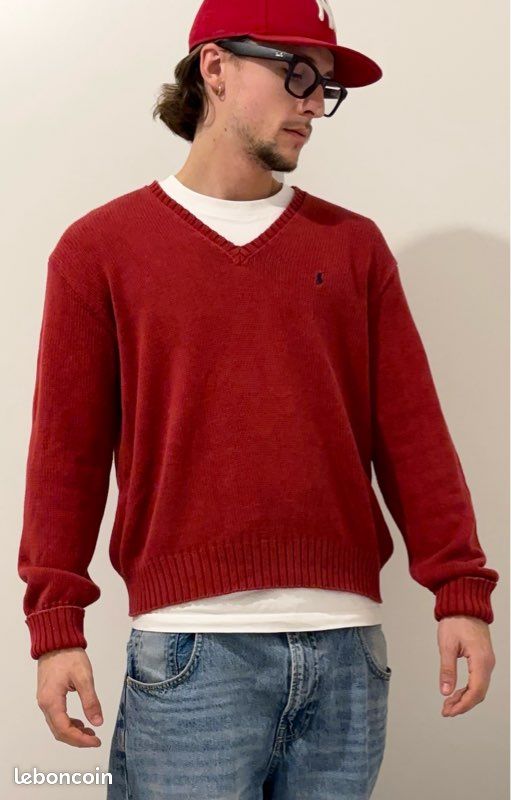 Pull Ralph Lauren Homme col V 100% coton Rouge Taille M
