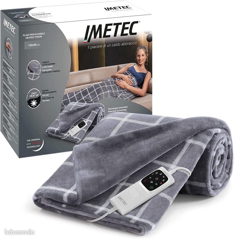 Imetec Couverture Chauffante Adapto Velvet Squares - Plaid chauffant 150x95 cm - 6 Températures, Motif Carreaux, Tissu Toucher Velours, Anti Surchauffe, Chauffage Rapide 150 W, Lavable en Machine (image 1)