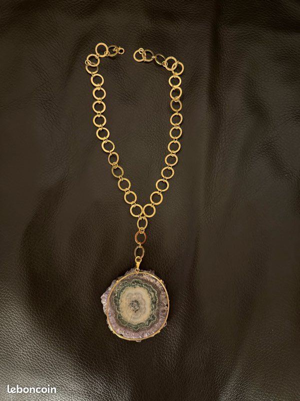 Collier Et Pendentif Améthyste En Cage - Chaîne Acier Doré, Neuf Avec étiquettes