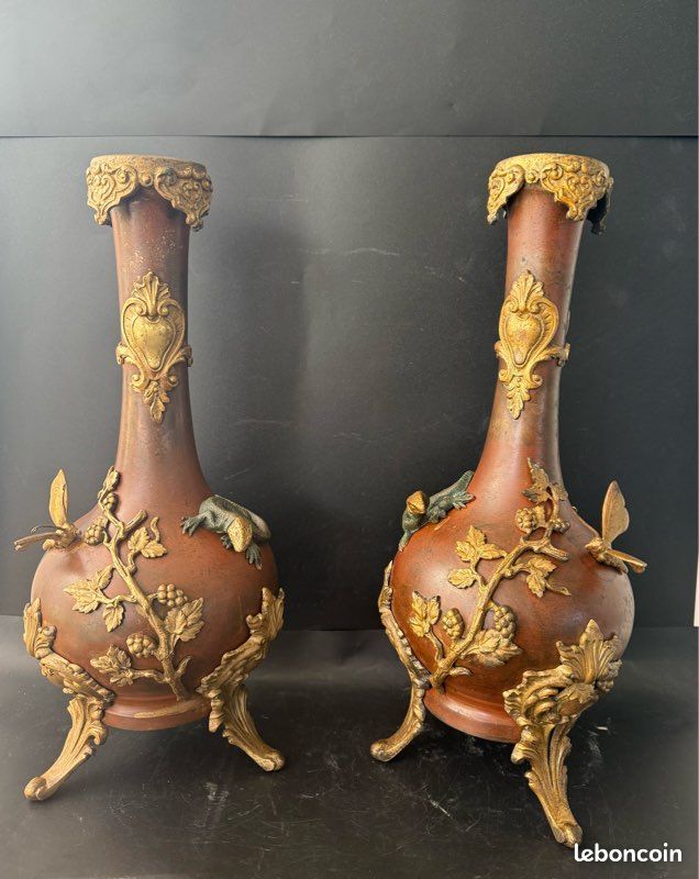 RARE Antique Napoleon III Japonisme Vases Pair Bronze Lizards Papillon France (image 1)