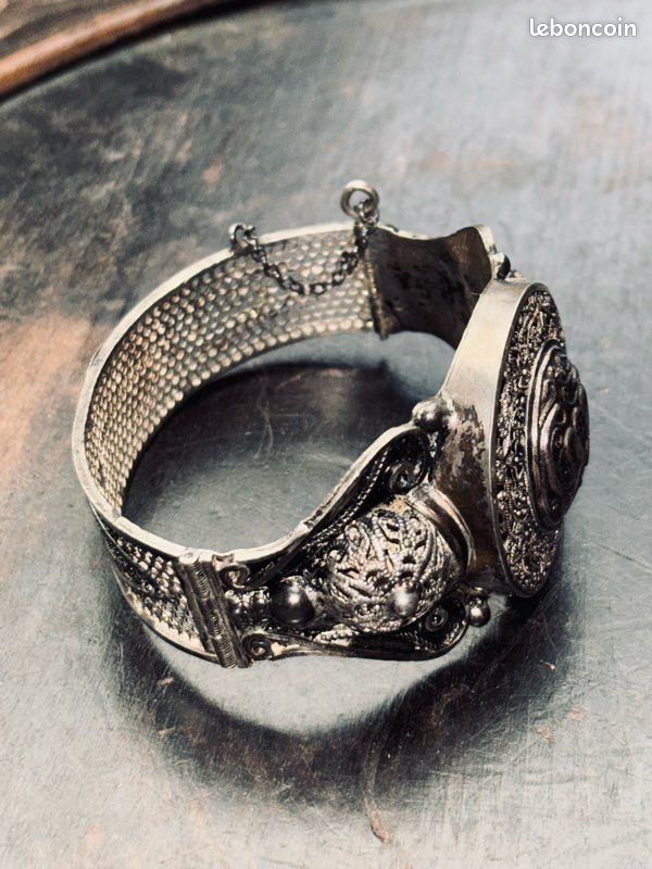 Bracelet Gourmette En Argent Filigrané Ancien Vers 1900 - Bijou Vintage Occasion