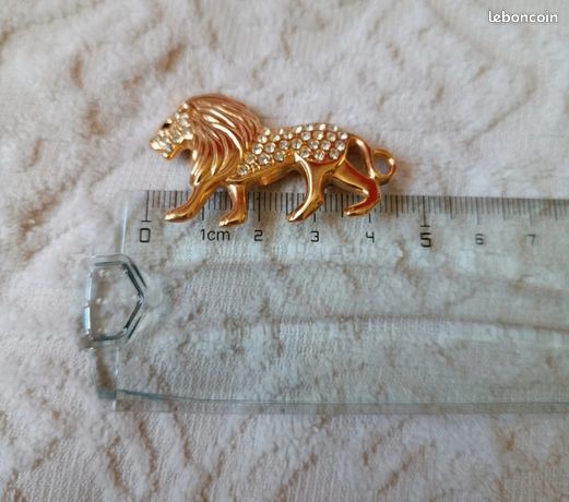 Broche Lion Doré Avec Strass Blanc - Bijou Fantaisie Animal, Neuf Sans Emballage