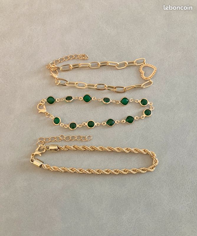 Lot 3 bracelets réglables dorés verts, jamais portés - Montres & Bijoux