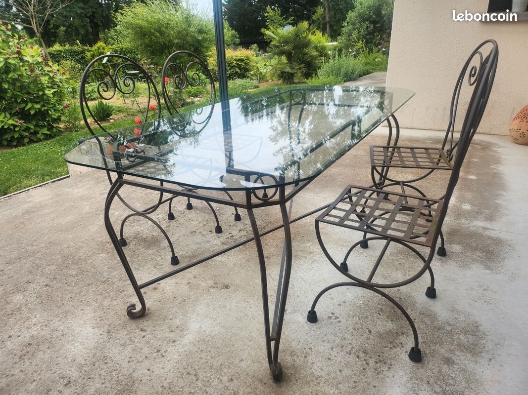 Table à Manger Rectangulaire En Verre Et Fer Forgé Noir + 4 Chaises, 150x90cm, Occasion