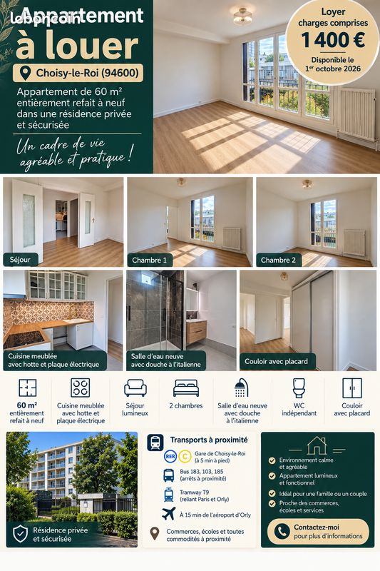 Appartement 3 pièces 60 m² · à Choisy-le-Roi · 60 m² · 1 200 €/mois