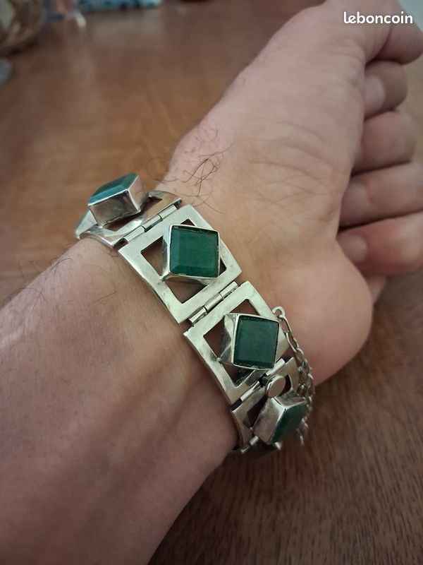 Bracelet Gourmette En Argent Massif 925 - Vermeil - Pierre Verte - Vintage