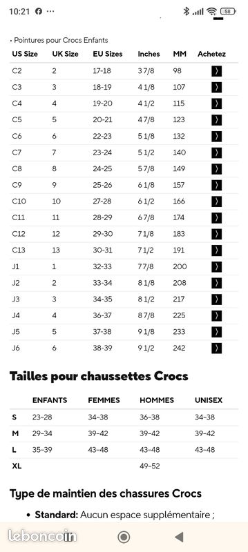 Tableau Crocs Taille 10 12 Enfant Taille Chaussure M Pointure