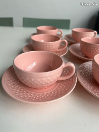 5 Tasses à Café Geneviève Lethu “Grains De Riz” En Faïence Jaune – Lot Vintage