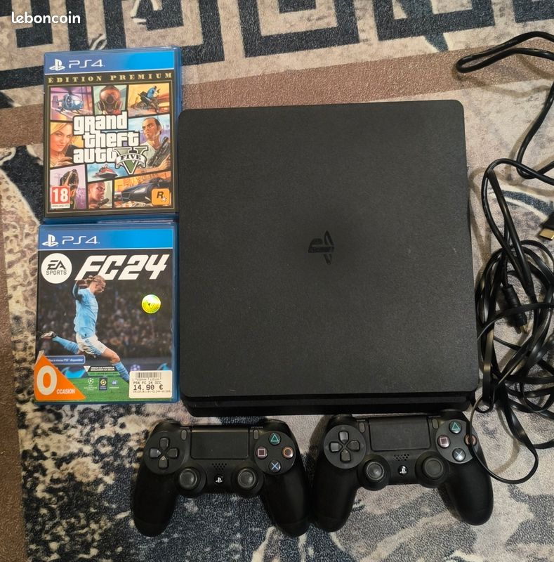 PS4 Slim + 2 Manettes Officielles + 2 Jeux (FC 24 & GTA V) - Avec Facture et Garantie (image 1)