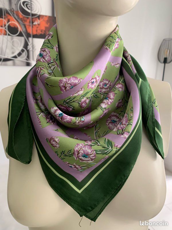 Foulard Carré 100% Soie 20x20 Cm – Motifs Vert/violet/rose – Neuf Avec étiquettes