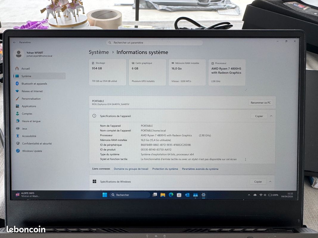 (Vente dans le 62) Asus ROG Zephyrus G14 GA401IV (2021) GeForce RTX 2060 (image 4)