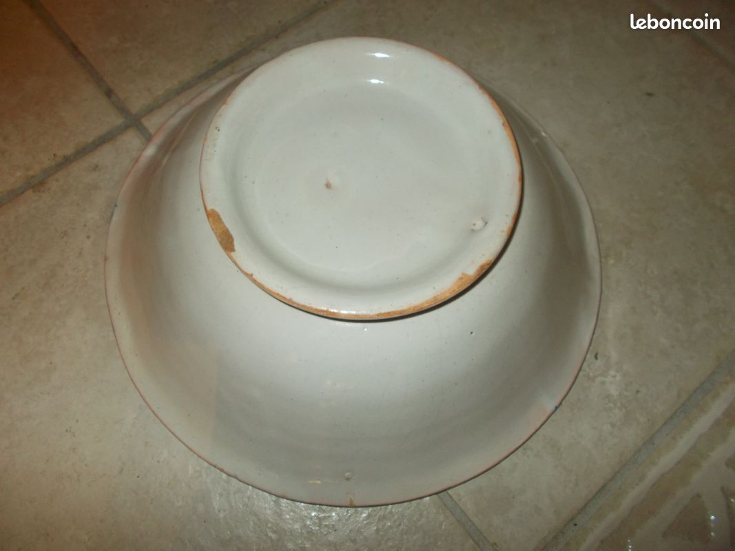 Ancien grand saladier faience decor main xix eme vintage cuisine restaurant decoration (image 5)