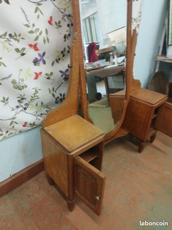 Coiffeuse psyché Art déco en chêne massif un miroir biseauté pivotant et un petit meuble de chaque côté (image 7)