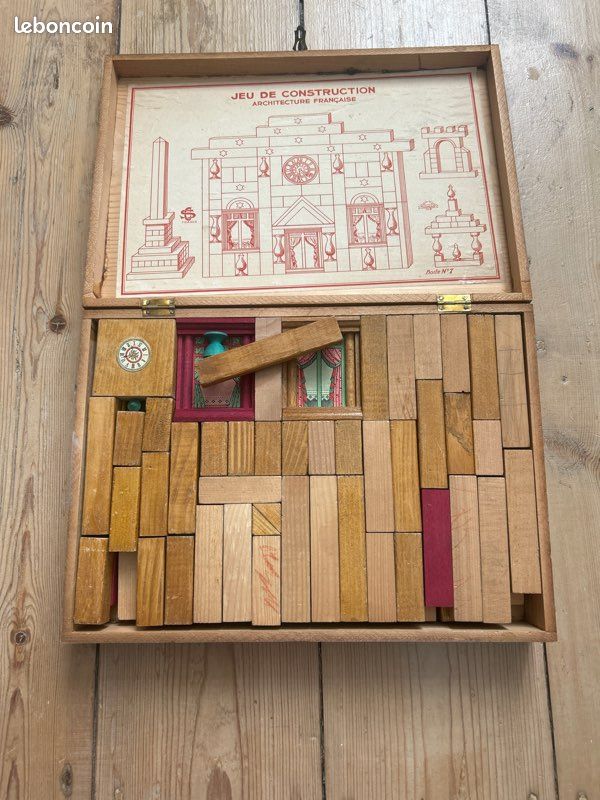 Boîte Ancienne Avec Jeu De Construction En Bois - Jouet Vintage
