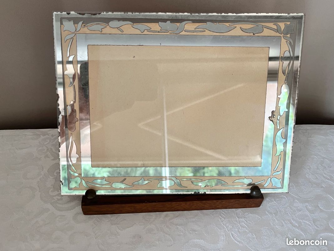 Cadre photo ancien réversible, en verre miroir et bordeaux, porte photo à poser Art Déco (image 3)