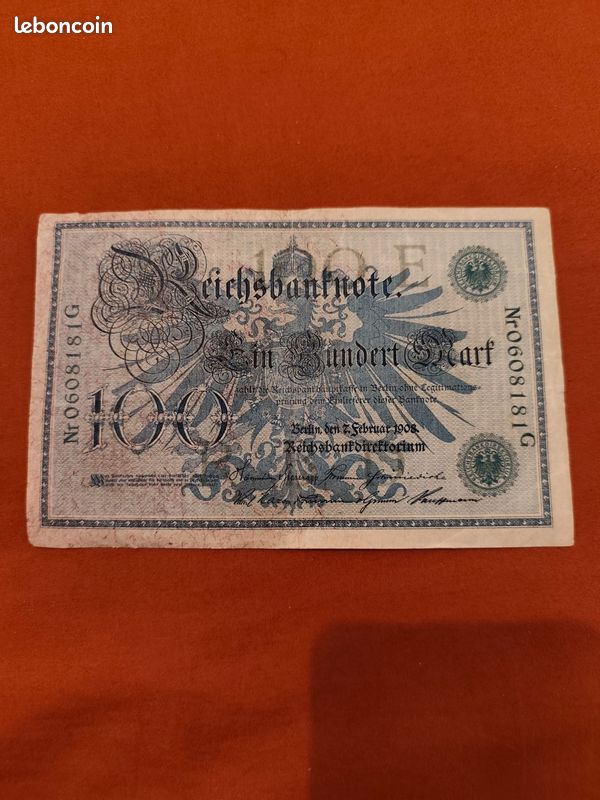 Ancien Billet Allemand 100 Mark - Empire Allemand (1908) (image 2)