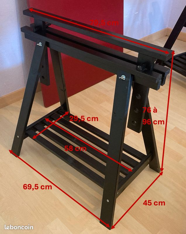 Bureau plateau 150×80 cm peint rouge sur tréteaux noirs — État bon (image 3)