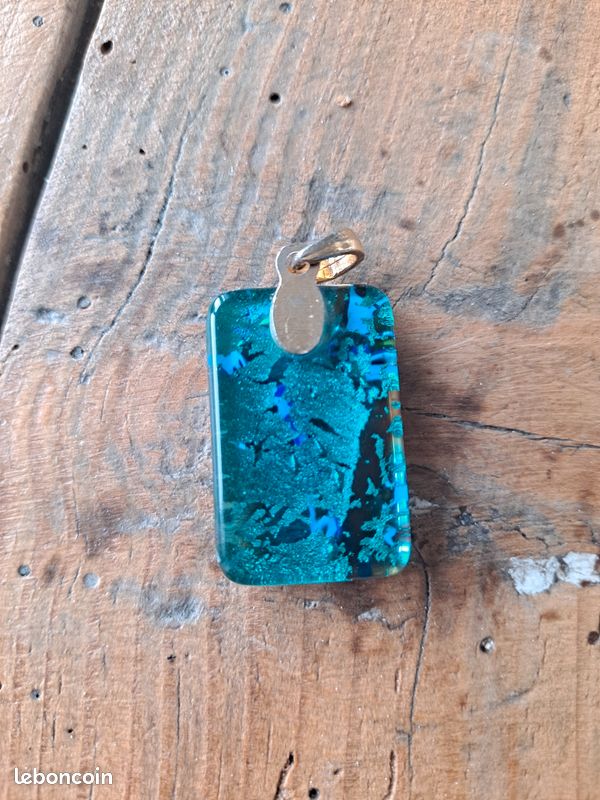 Pendentif Rectangulaire Murano Glass - Bleu Ciel Et Feuille D'or