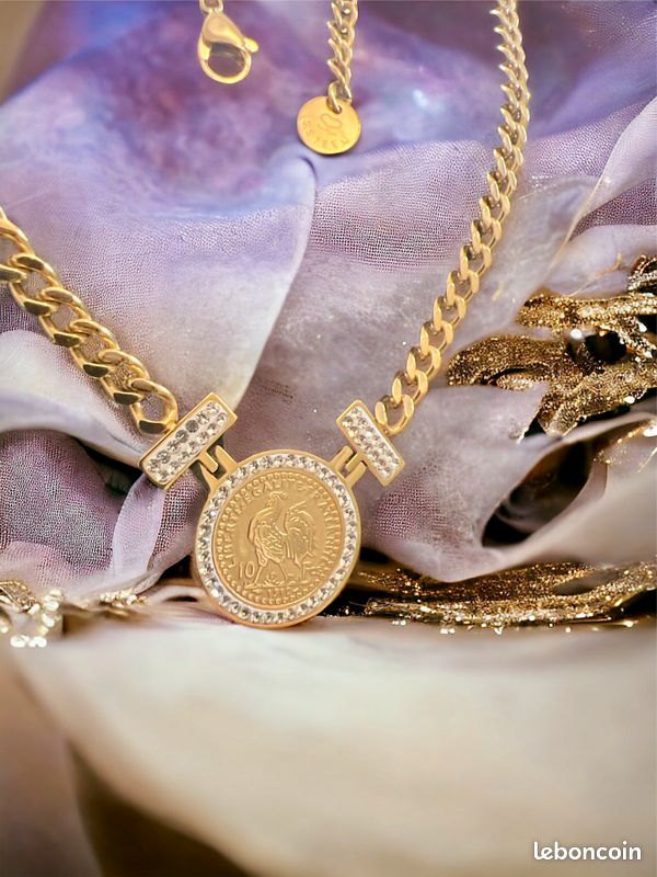 Collier piece coq strass en acier authentique (image 2)