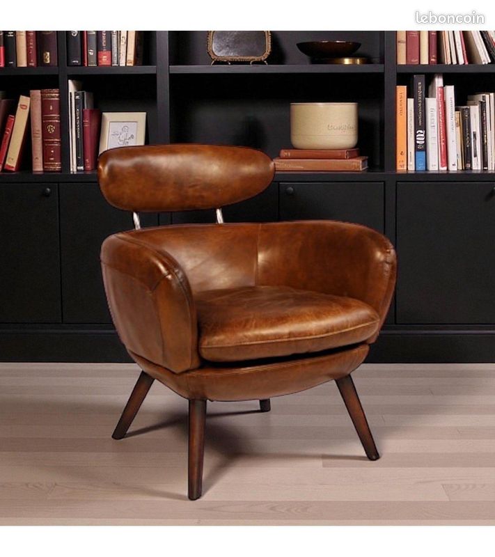 Fauteuil cuir pleine fleur vintage années 60 – Janis (image 1)