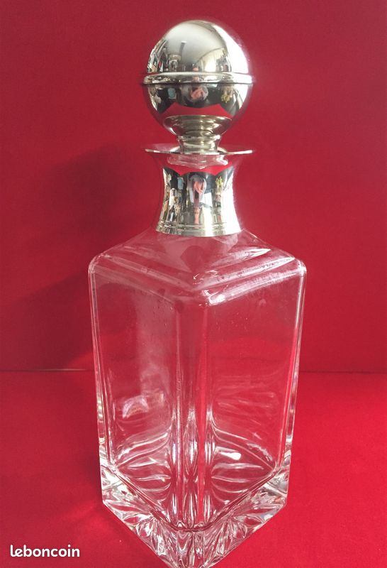 ANCIENNE CARAFE CRISTAL COL BOUCHON PLAQUE ARGENT WHISKY BOURBON COGNAC PORTO Art (image 2)