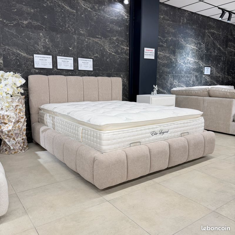 Lit coffre BUBBLE Dallas beige tissus chenille 160x200 avec sommier intégré et matelas en option 140x190 180x200 90x190 (image 1)
