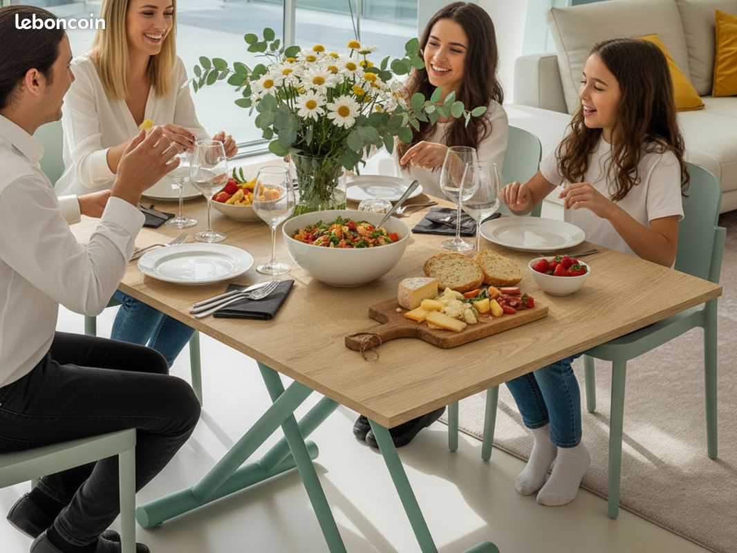 Table basse haut de gamme pied en métal vert relevable plateau portefeuille bois extensible (image 1)