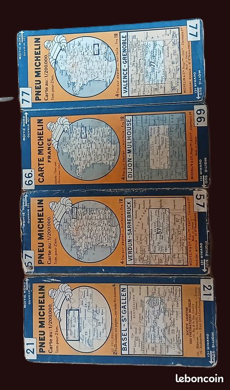 YY Carte n°21basel st gallen n°57 verdun sarrebruck n°66 dijon mulhouse n°77 valence grenoble -anciennes années 50 michelin, (image 1)