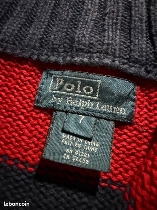 Pull col roulé polo ralph lauren, rayé rouge marine grosse maille, taille 7 ans enfant #MPERL1 (image 4)