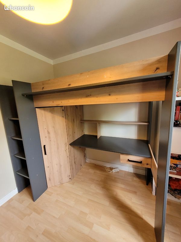 🛏️ Lit mezzanine 90x200 avec bureau & placard sans matelas (image 1)