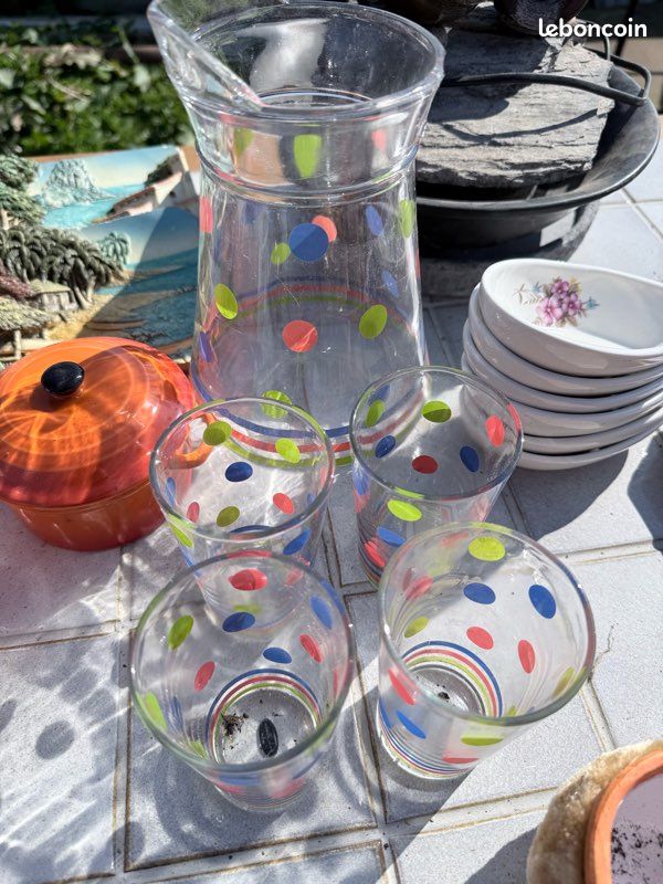 Carafe Vintage à Orangeade – Verre Jaune à Pois – Hauteur 21,5 Cm – Années 70 ?