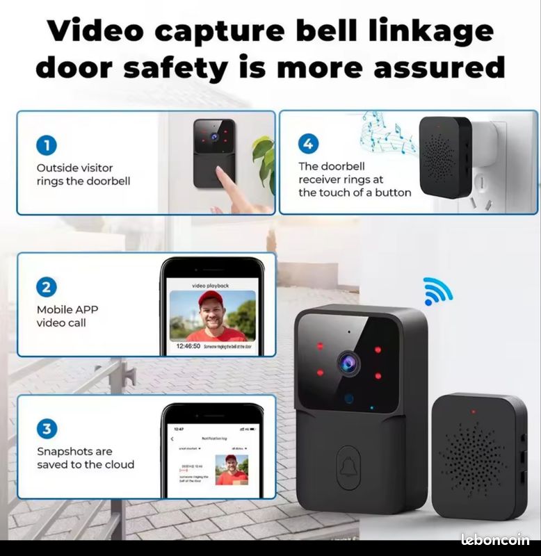 IeGeek Sonnette Sans Fil Avec Camera, 2K Sonnette Exterieur WiFi , Sonnette Vidéo Avec Piles, Vision Nocturne 15M, PIR Etanche IP66 - Bricolage