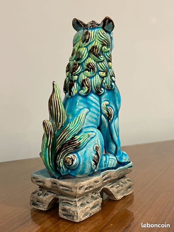 2 figurines de chien FOO japonaises années 50 en céramique bleue et verte (image 2)