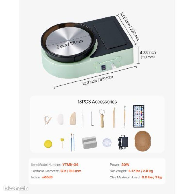 Mini Tour De Poterie Électrique 2000 RPM - Roue De Potier 6.5-10 Cm Pour Enfants Et Adultes - Kit Complet Avec Outils Argile Et Plateau Métal