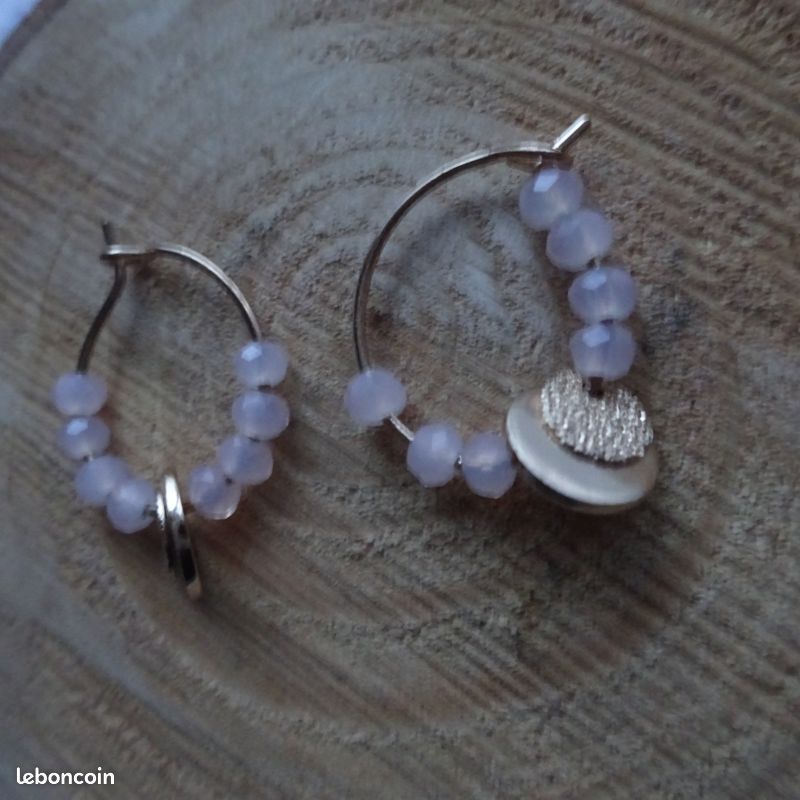Boucles D'oreilles Créoles Fantaisie - Perles Roses Transparentes Sur Tiges Argentées - 4 Cm