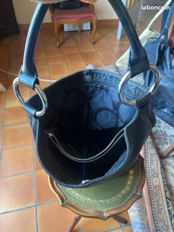Sac à Main Vintage Séquoia – Cuir Et Tissu, Couleur Noire – Occasion Très Bon état