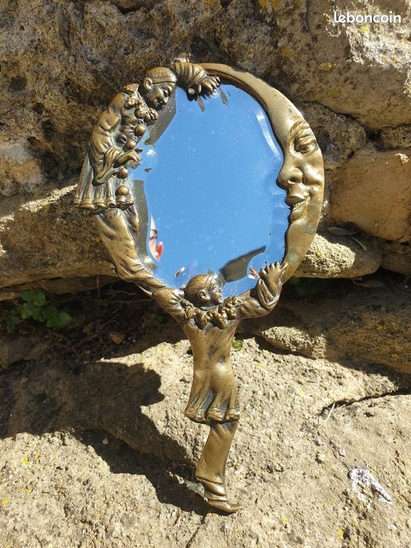 Bronze Pierrot Colombine Miroir Face à Main Miroir Biseauté La Lune