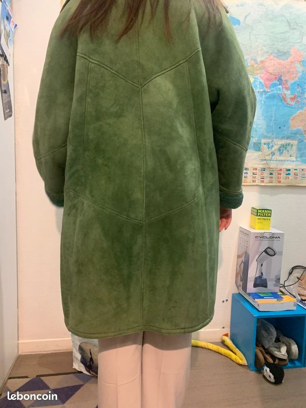 Manteau Vintage En Peau Lainée Vert - Marque Ata Cuirs Paris, Taille L (38/42), Doublure Laine, France - Occasion