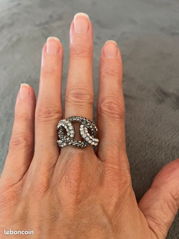 Bague Strass Verre Noir Sur Chrome - Taille 57, Bon état Occasion