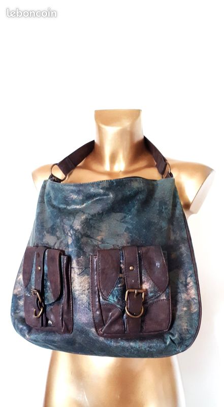 Sac NEUF en Jean bleu motif Doré & Simili Cuir Marron (image 8)
