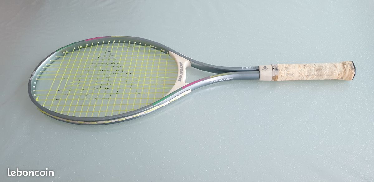 Raquette de tennis de marque DUNLOP légère gris jaune fluo rose vert - Laser 17 - Mid Size - vintage sport - Sport & Plein air