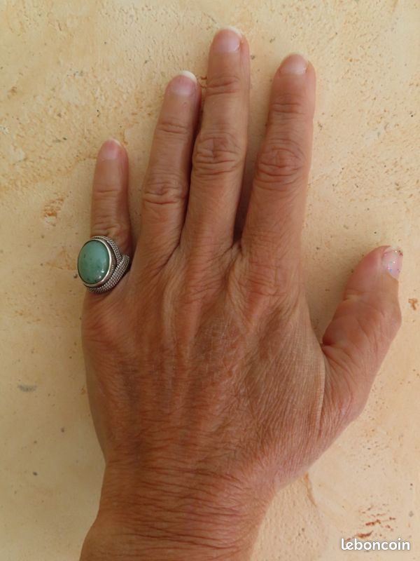 Bague Ancienne Argent Sterling Or Et Aventurine Verte - Antique Sertie Ovale