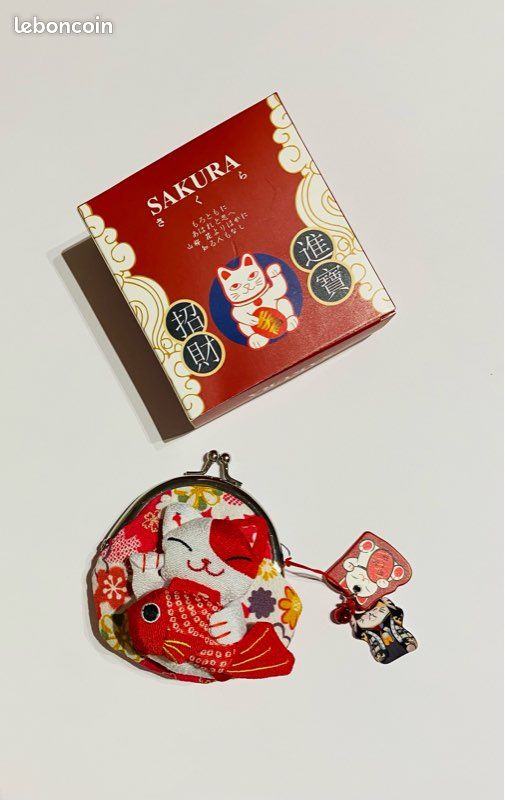 Porte-Monnaie Japonais Maneki Neko - Pochette Portable Avec Fermoir, Portefeuille Chat Porte-Bonheur Style Japonais Blanc/Rouge