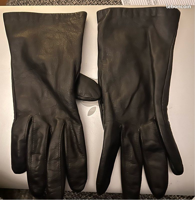 Gants Femme En Cuir Fin Noir Vintage - Taille 7.5 Doublure Acrylique